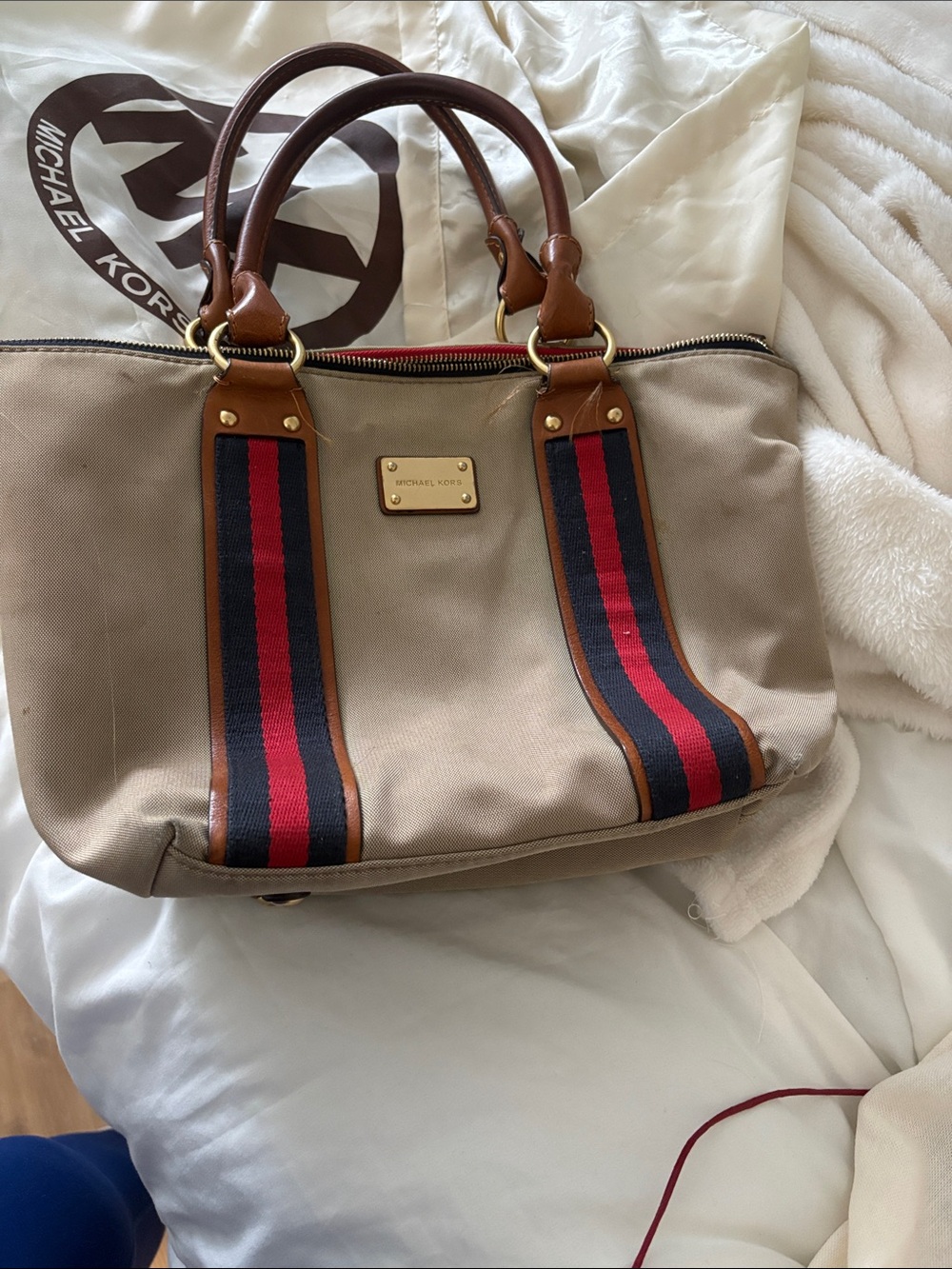 Michael Kors Beige Canvas Tote with Brown Leather Handles and Navy-Red Stripes